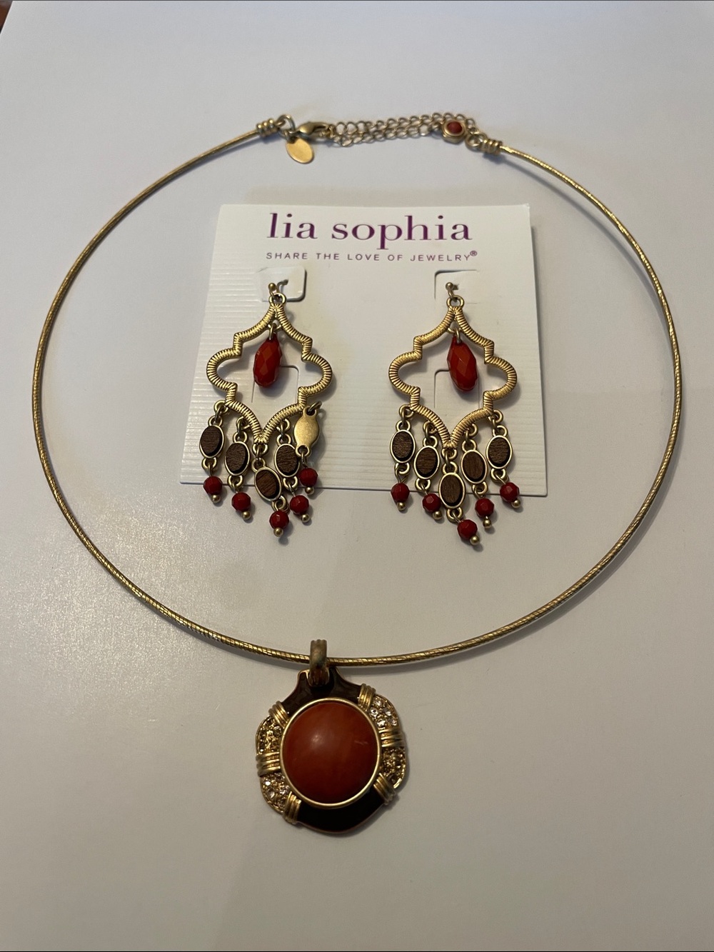 Lia Sophia Gold-Tone Necklace with Red Pendant and Matching Earrings